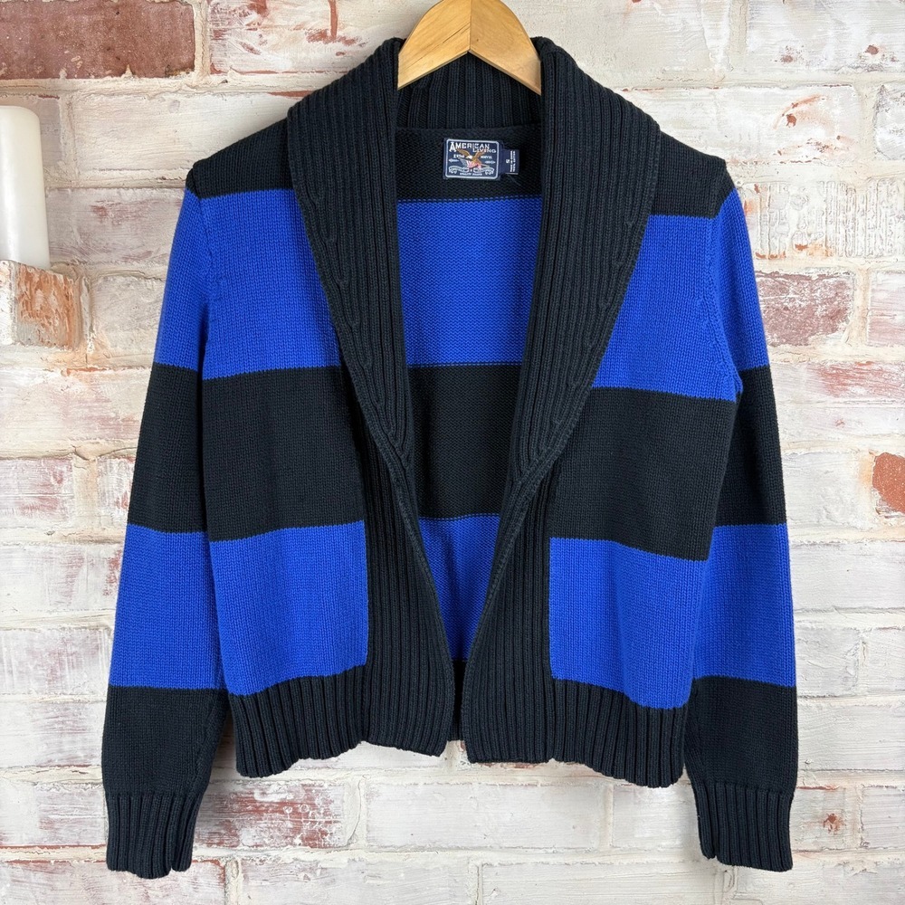 American Living Shawl Collar Cardigan — Blue & Black Striped Chunky Knit